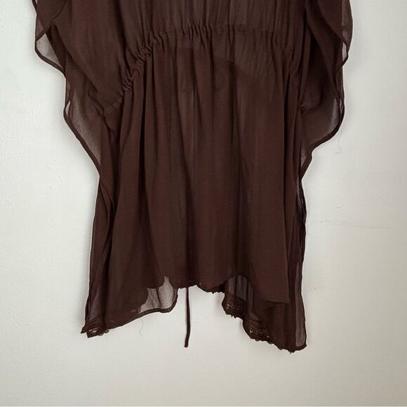 Vintage Women’s 2X Sheer Brown Caftan‎ Cover-Up Tunic Top Gold Embellished Trim - Picture 7 of 14